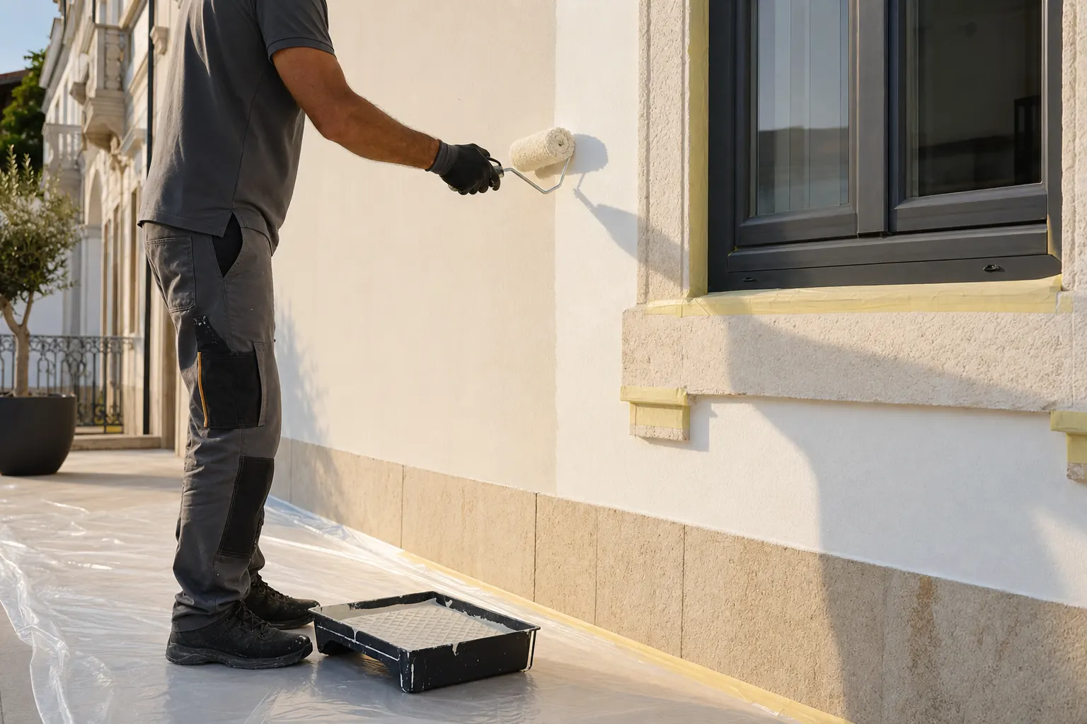 Profissional a aplicar pintura exterior numa fachada portuguesa cuidadosamente protegida